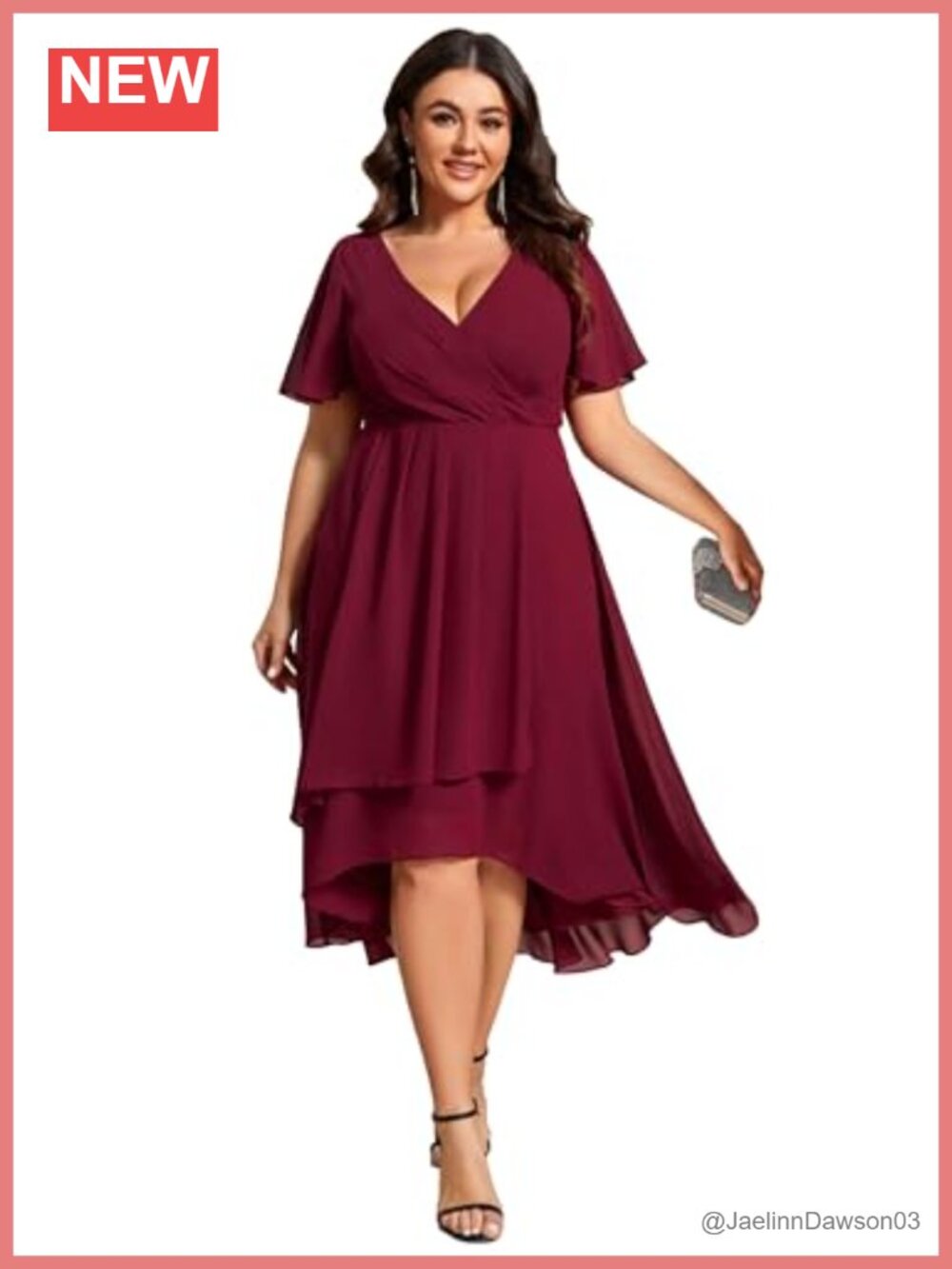 Plus Size Formal Wedding Guest Dress Chiffon A-Line V-Neck Ruffle Sleeve